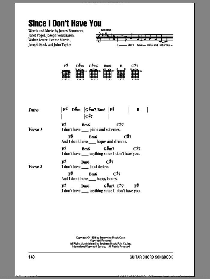 Since I Don't Have You sheet music for guitar (chords) by The Skyliners, James Beaumont, Janet Vogel, John Taylor, Joseph Rock, Joseph Verscharen, Lennie Martin and Walter Lester, intermediate skill level