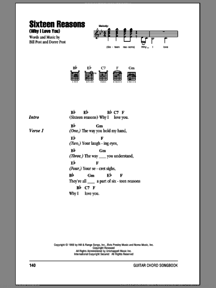 Sixteen Reasons (Why I Love You) sheet music for guitar (chords) by Connie Stevens, Bill Post and Doree Post, intermediate skill level