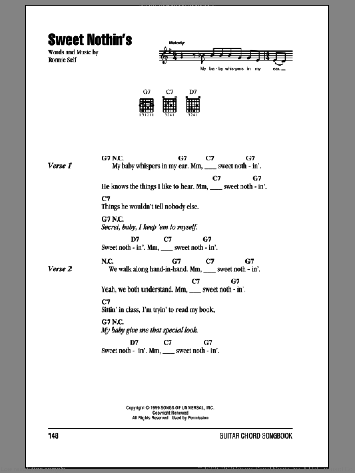 Sweet Nothin's sheet music for guitar (chords) by Brenda Lee and Ronnie Self, intermediate skill level