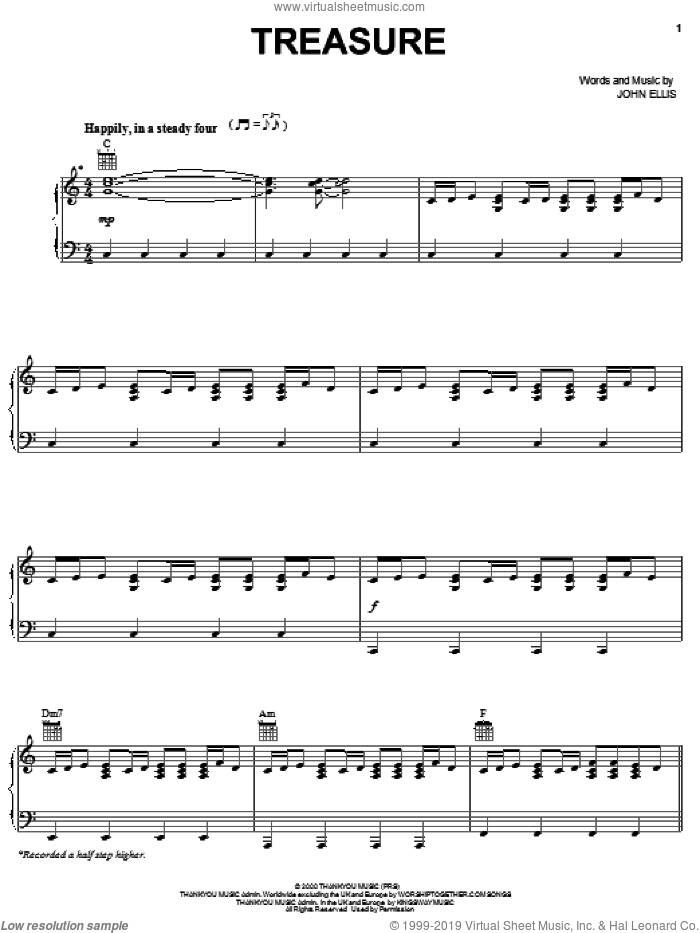 Treasure sheet music for voice, piano or guitar by Tree63 and John Ellis, intermediate skill level