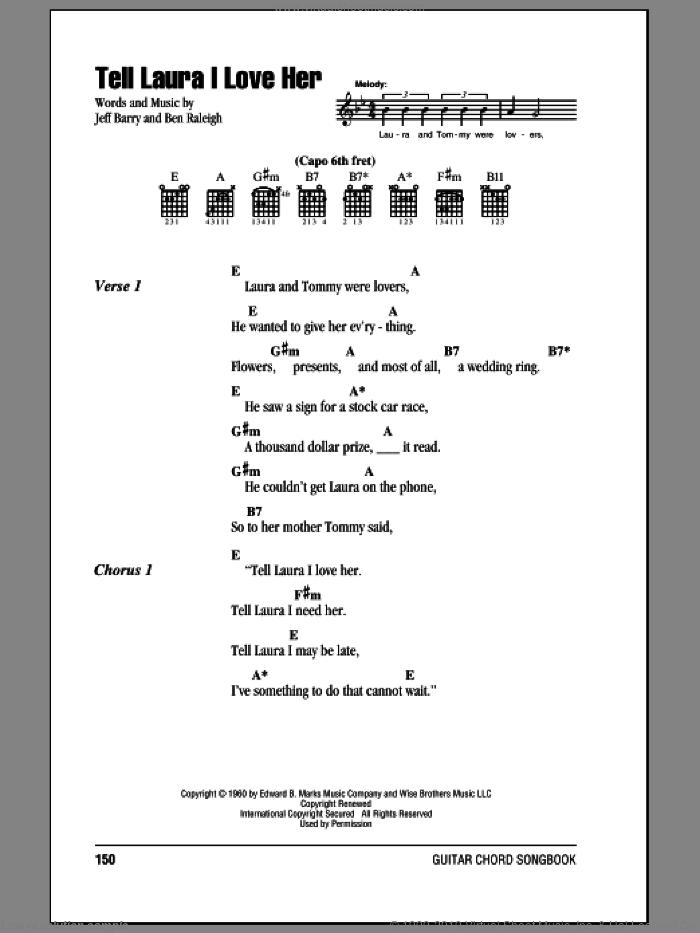 Tell Laura I Love Her sheet music for guitar (chords) by Ray Peterson, Ben Raleigh and Jeff Barry, intermediate skill level