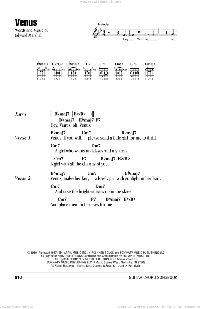 Venus sheet music for guitar (chords) by Frankie Avalon and Edward Marshall, intermediate skill level