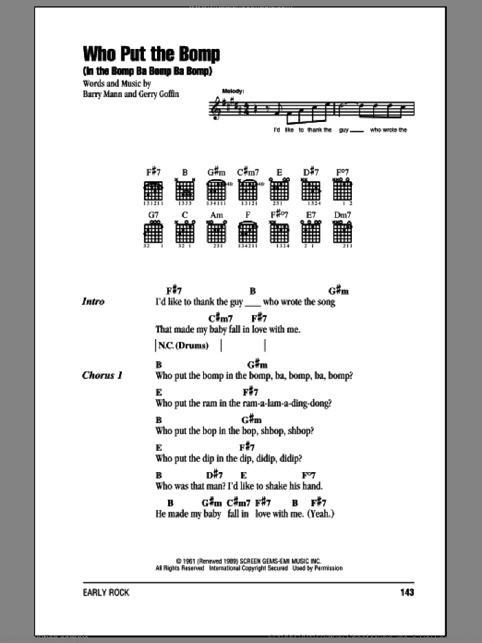 Who Put The Bomp (In The Bomp Ba Bomp Ba Bomp) sheet music for guitar (chords) by Barry Mann and Gerry Goffin, intermediate skill level