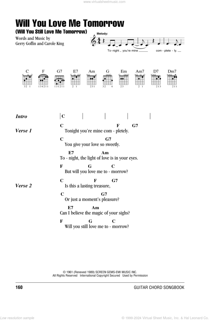 Will You Love Me Tomorrow (Will You Still Love Me Tomorrow) sheet music for guitar (chords) by The Shirelles, Carole King and Gerry Goffin, intermediate skill level