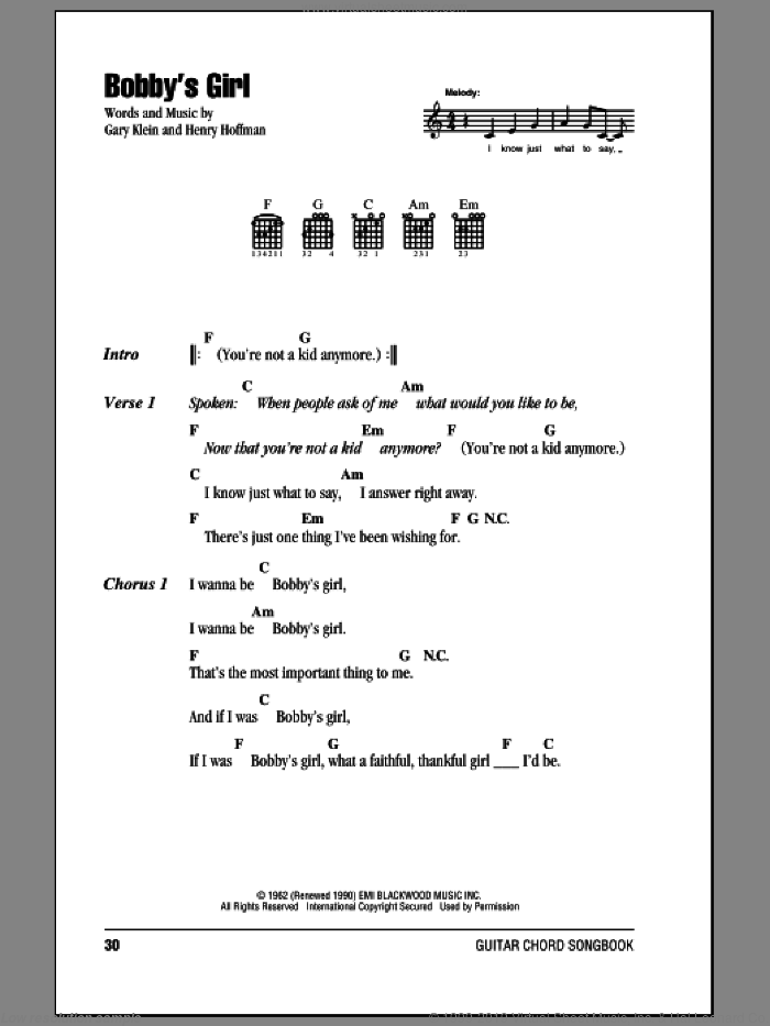 Bobby's Girl sheet music for guitar (chords) by Marcie Blane, Gary Klein and Henry Hoffman, intermediate skill level