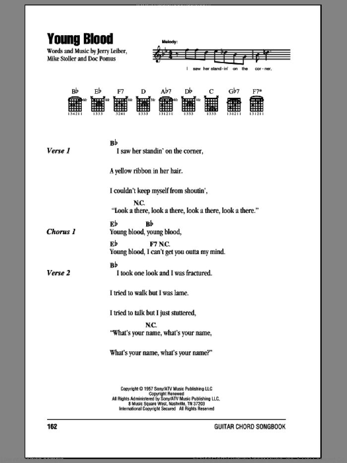 Young Blood sheet music for guitar (chords) by The Coasters, Doc Pomus, Jerome Pomus, Jerry Leiber and Mike Stoller, intermediate skill level