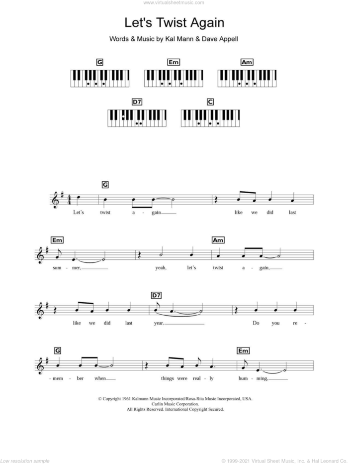 Let's Twist Again sheet music for piano solo (chords, lyrics, melody) by Chubby Checker, Dave Appell and Kal Mann, intermediate piano (chords, lyrics, melody)
