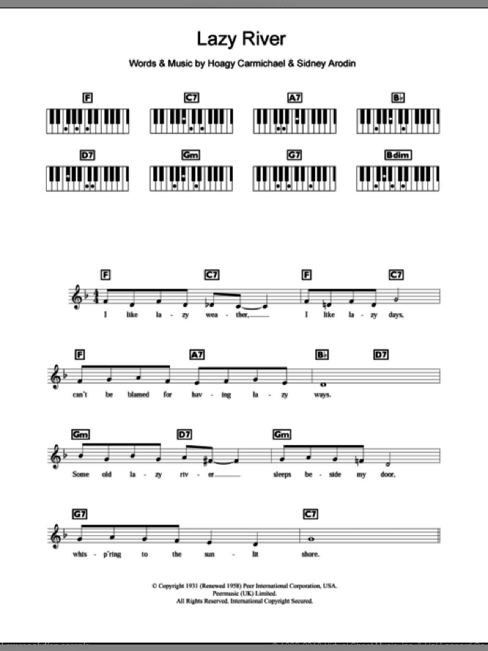 Lazy River sheet music for piano solo (chords, lyrics, melody) by Bobby Darin, Hoagy Carmichael and Sidney Arodin, intermediate piano (chords, lyrics, melody)