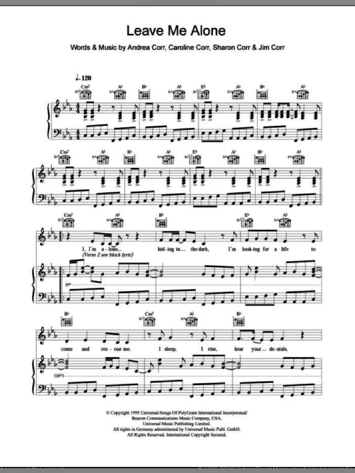 Leave Me Alone sheet music for voice, piano or guitar by The Corrs, Andrea Corr, Caroline Corr, Jim Corr and Sharon Corr, intermediate skill level