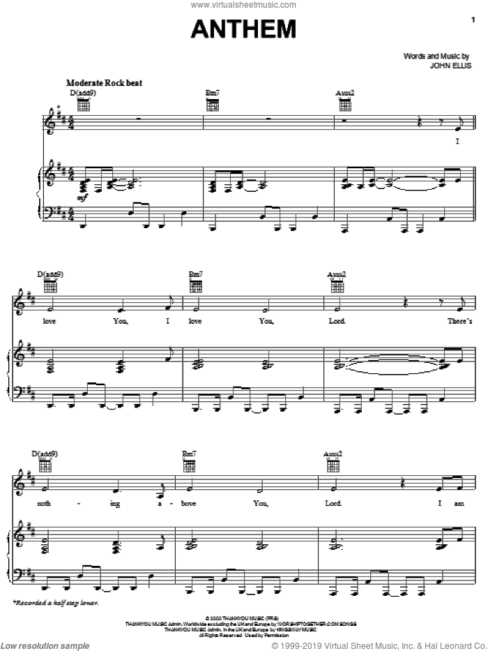 Anthem sheet music for voice, piano or guitar by Tree63 and John Ellis, intermediate skill level