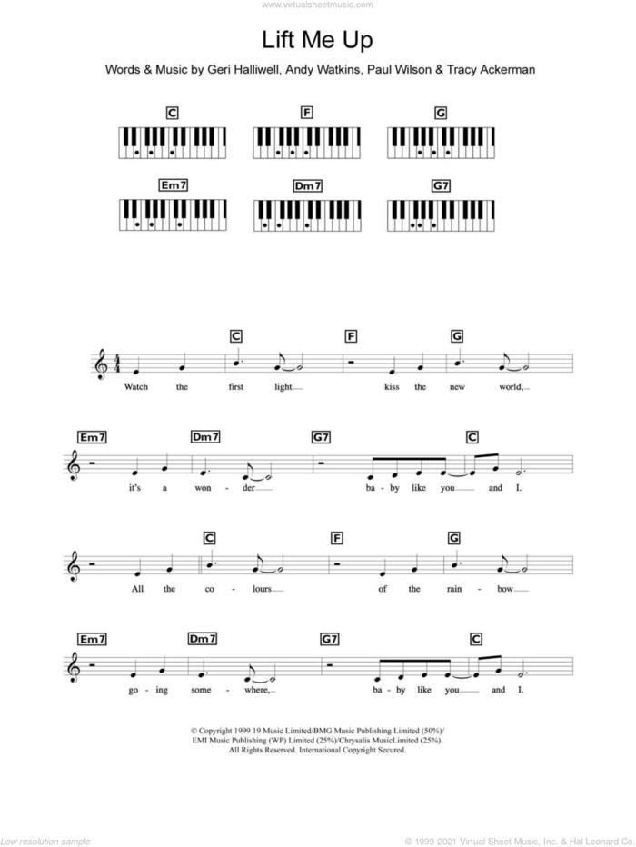 Lift Me Up sheet music for piano solo (chords, lyrics, melody) by Geri Halliwell, Andy Watkins, Paul Wilson and Tracy Ackerman, intermediate piano (chords, lyrics, melody)