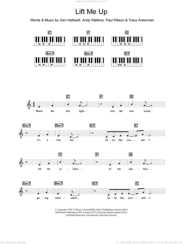 Lift Me Up sheet music for piano solo (chords, lyrics, melody) by Geri Halliwell, Andy Watkins, Paul Wilson and Tracy Ackerman, intermediate piano (chords, lyrics, melody)