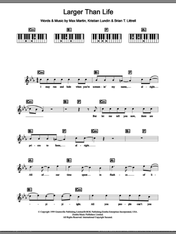 Larger Than Life sheet music for piano solo (chords, lyrics, melody) by Backstreet Boys, Brian T. Littrell, Kristian Lundin and Max Martin, intermediate piano (chords, lyrics, melody)