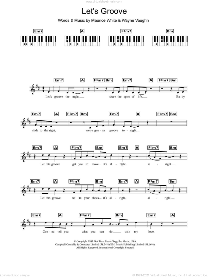 Let's Groove sheet music for piano solo (chords, lyrics, melody) by Earth, Wind & Fire, Maurice White and Wayne Vaughn, intermediate piano (chords, lyrics, melody)