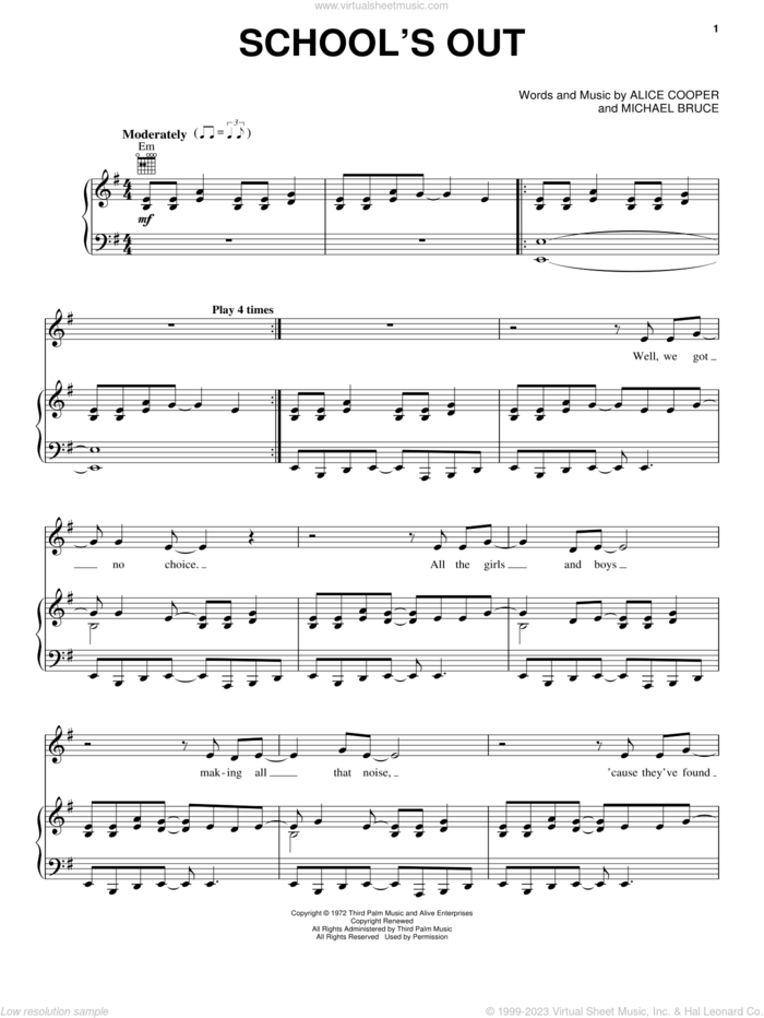 School's Out sheet music for voice, piano or guitar by Alice Cooper and Michael Bruce, intermediate skill level