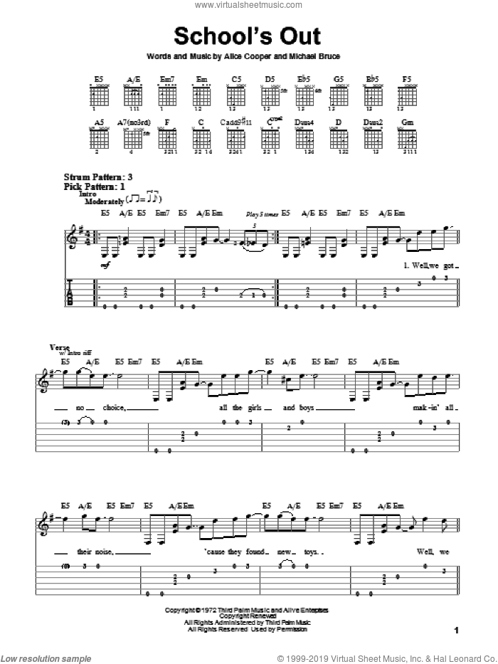School's Out sheet music for guitar solo (easy tablature) by Alice Cooper and Michael Bruce, easy guitar (easy tablature)