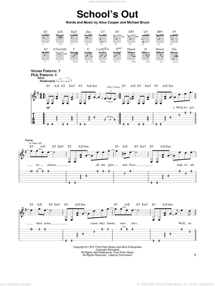 School's Out sheet music for guitar solo (easy tablature) by Alice Cooper and Michael Bruce, easy guitar (easy tablature)
