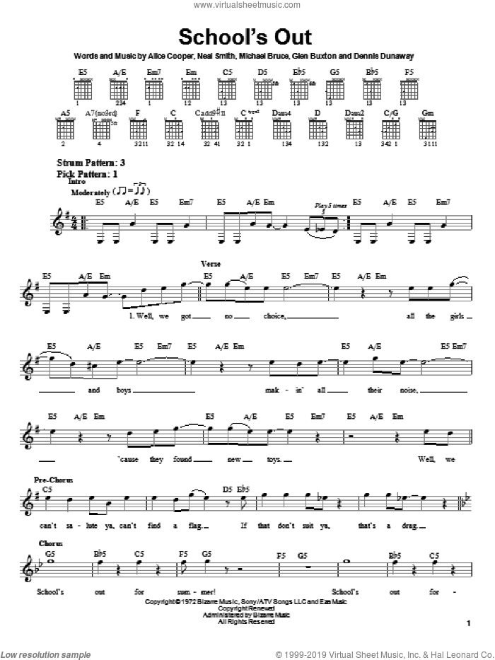 School's Out sheet music for guitar solo (chords) by Alice Cooper and Michael Bruce, easy guitar (chords)