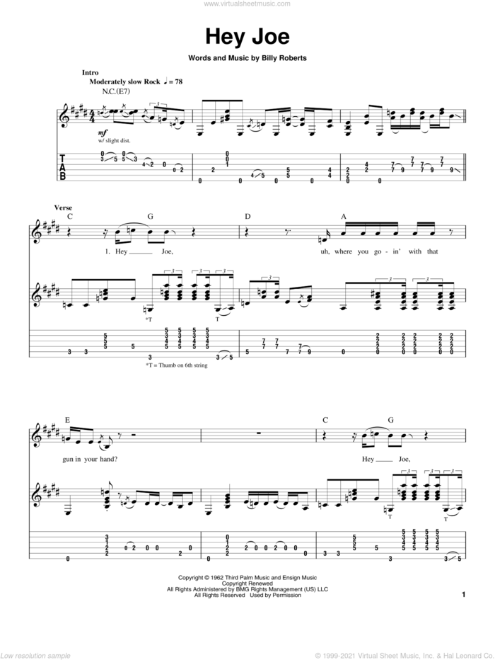 Hey Joe sheet music for guitar (tablature, play-along) by Jimi Hendrix and Billy Roberts, intermediate skill level