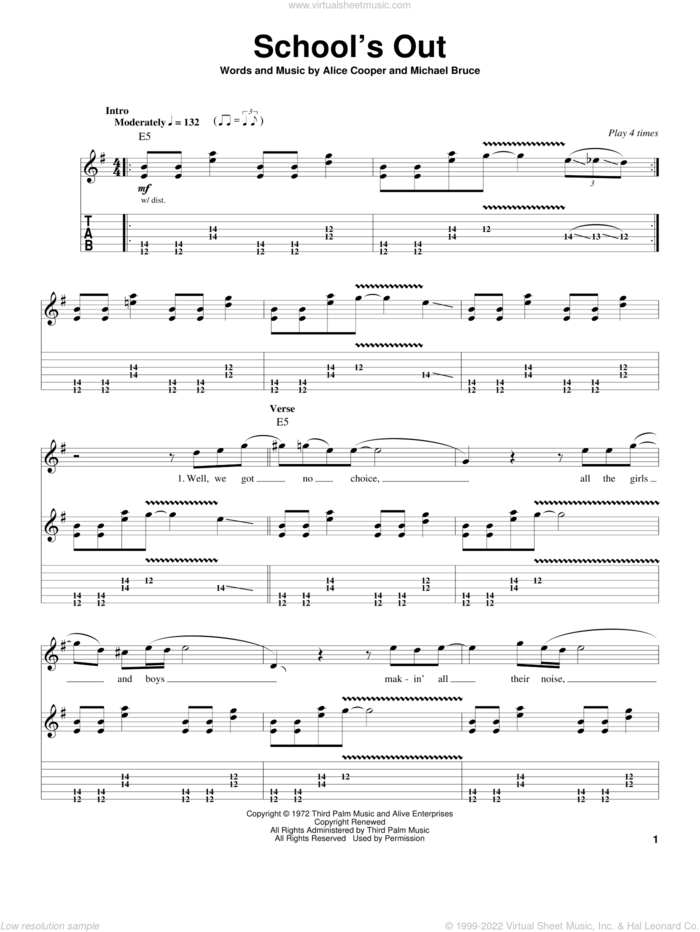 School's Out sheet music for guitar (tablature, play-along) by Alice Cooper and Michael Bruce, intermediate skill level