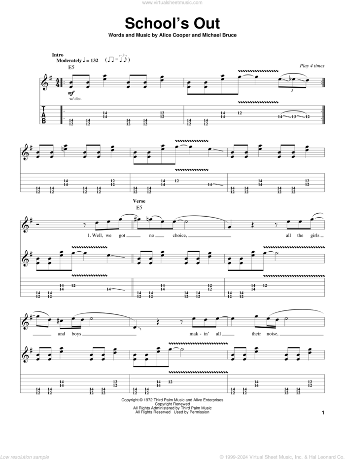 School's Out sheet music for guitar (tablature, play-along) by Alice Cooper and Michael Bruce, intermediate skill level