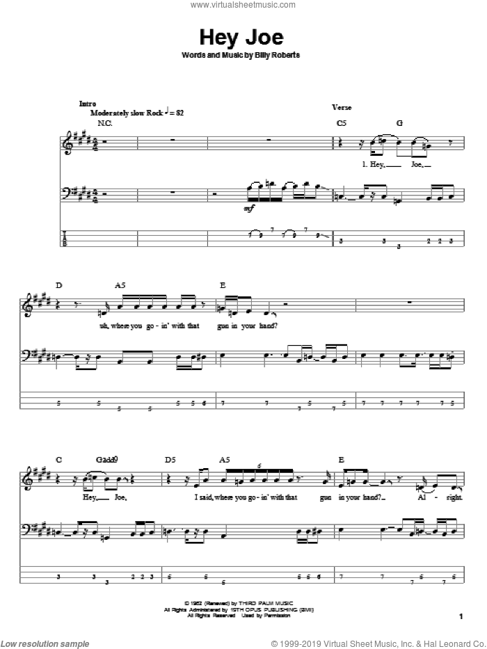 Hey Joe sheet music for bass (tablature) (bass guitar) by Jimi Hendrix and Billy Roberts, intermediate skill level