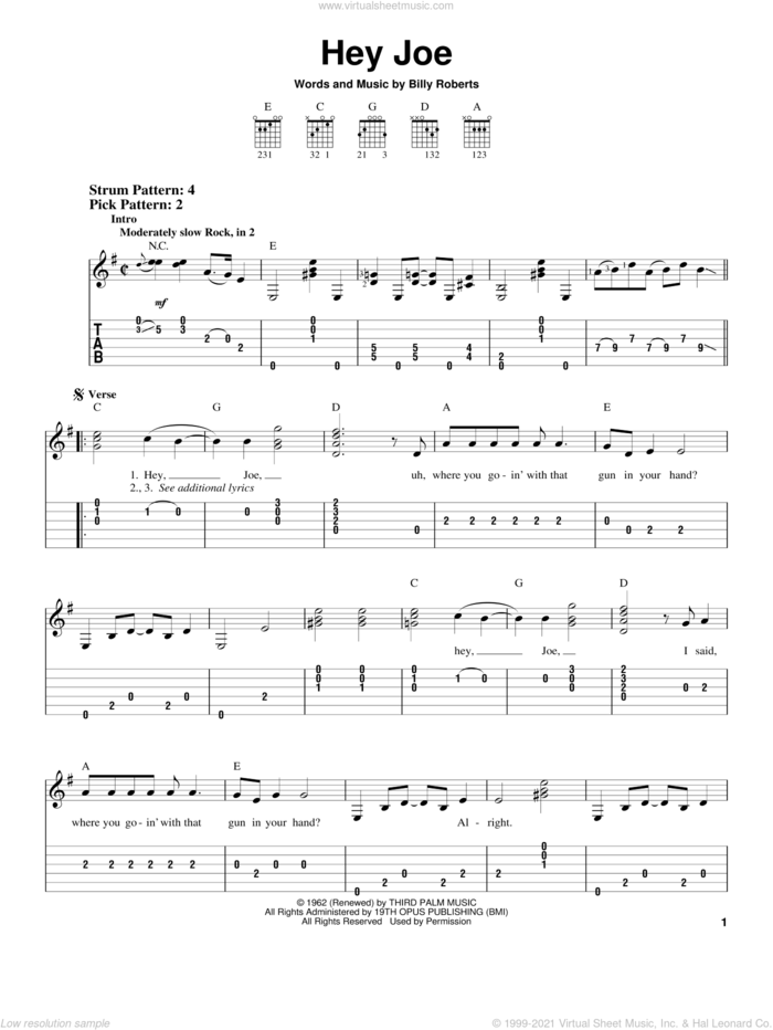 Hey Joe sheet music for guitar solo (easy tablature) by Jimi Hendrix and Billy Roberts, easy guitar (easy tablature)