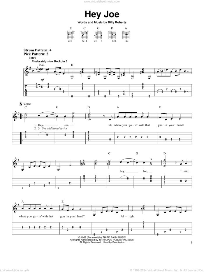 Hey Joe sheet music for guitar solo (easy tablature) by Jimi Hendrix and Billy Roberts, easy guitar (easy tablature)