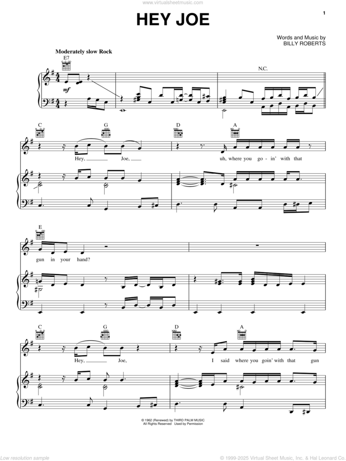 Hey Joe sheet music for voice, piano or guitar by Jimi Hendrix and Billy Roberts, intermediate skill level