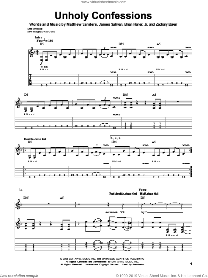 Unholy Confessions sheet music for guitar (tablature, play-along) by Avenged Sevenfold, Brian Haner, Jr., James Sullivan, Matthew Sanders and Zachary Baker, intermediate skill level
