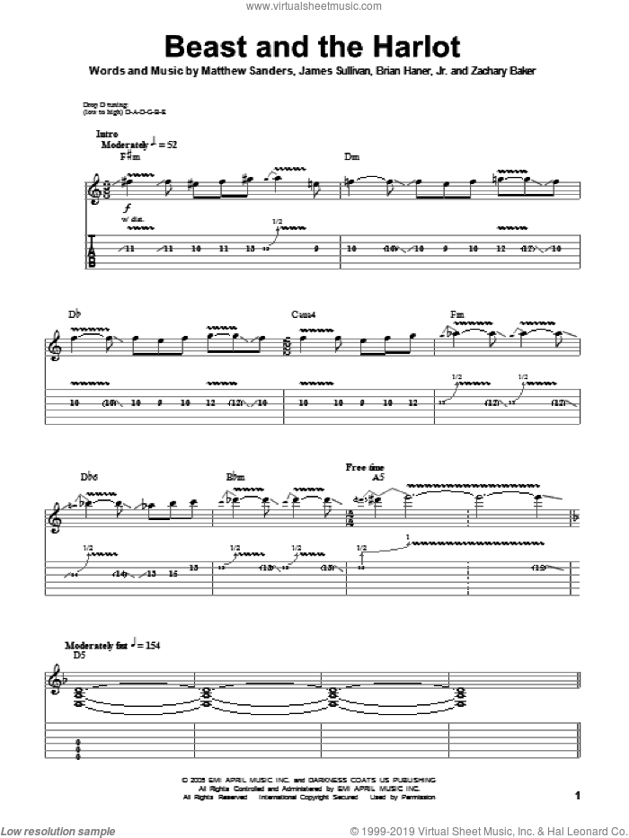 Beast And The Harlot sheet music for guitar (tablature, play-along) by Avenged Sevenfold, Brian Haner, Jr., James Sullivan, Matthew Sanders and Zachary Baker, intermediate skill level