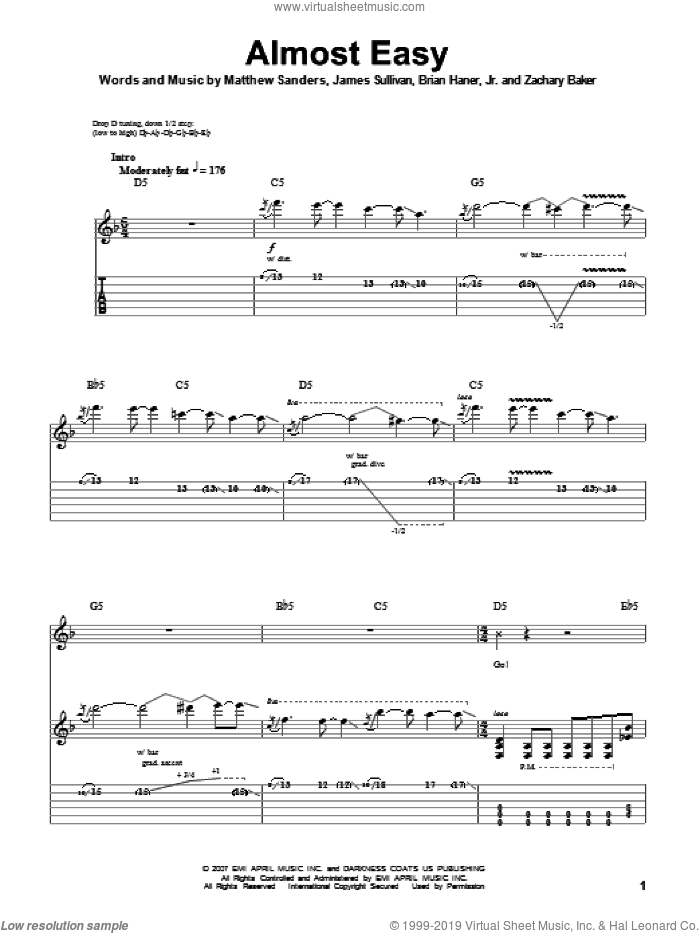 Almost Easy sheet music for guitar (tablature, play-along) by Avenged Sevenfold, Brian Haner, Jr., James Sullivan, Matthew Sanders and Zachary Baker, intermediate skill level