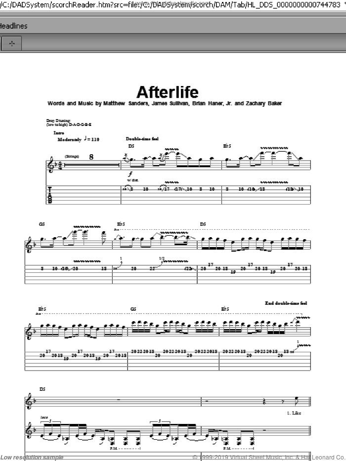 Afterlife sheet music for guitar (tablature, play-along) by Avenged Sevenfold, Brian Haner, Jr., James Sullivan, Matthew Sanders and Zachary Baker, intermediate skill level