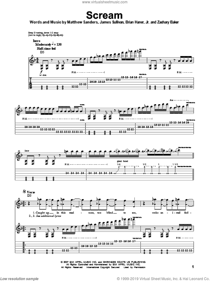 Scream sheet music for guitar (tablature, play-along) by Avenged Sevenfold, Brian Haner, Jr., James Sullivan, Matthew Sanders and Zachary Baker, intermediate skill level