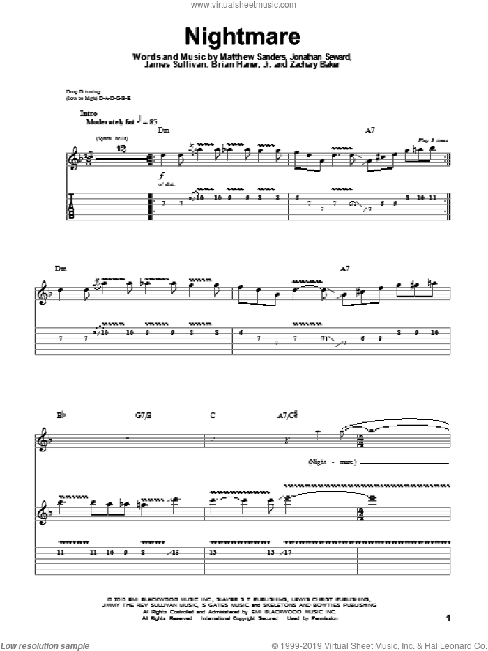 Nightmare sheet music for guitar (tablature, play-along) by Avenged Sevenfold, Brian Haner, Jr., James Sullivan, Jonathan Seward, Matthew Sanders and Zachary Baker, intermediate skill level