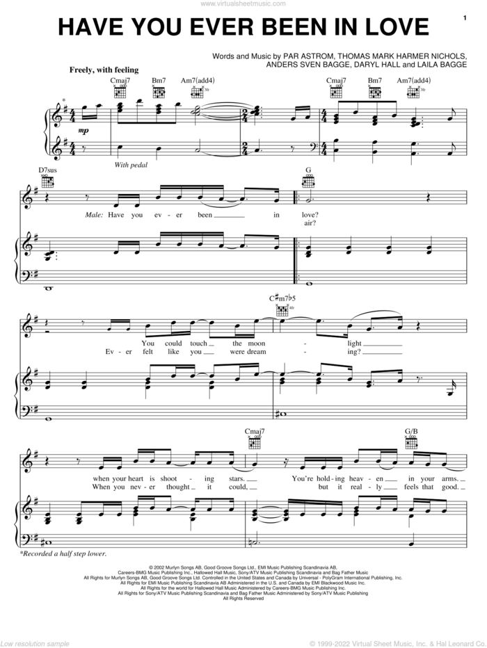 Have You Ever Been In Love sheet music for voice, piano or guitar by Celine Dion, Anders Bagge, Daryl Hall, Peer Astrom and Tom Nichols, intermediate skill level