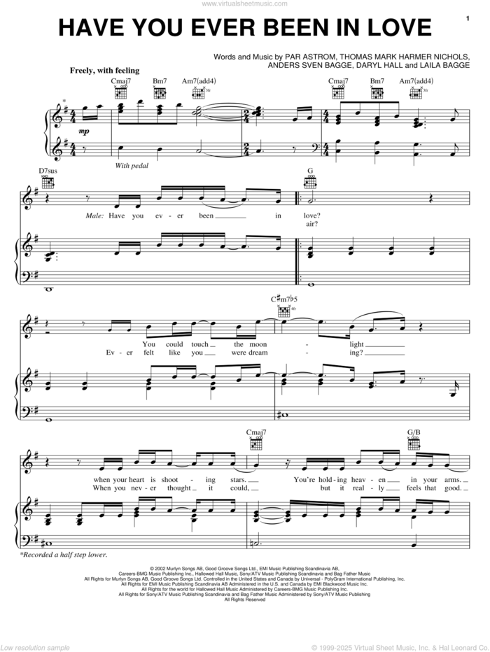 Have You Ever Been In Love sheet music for voice, piano or guitar by Celine Dion, Anders Bagge, Daryl Hall, Peer Astrom and Tom Nichols, intermediate skill level