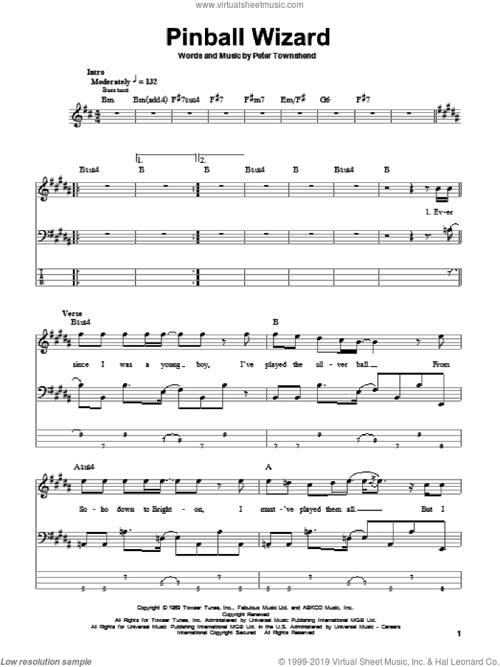 Pinball Wizard sheet music for bass (tablature) (bass guitar) by The Who, Elton John and Pete Townshend, intermediate skill level