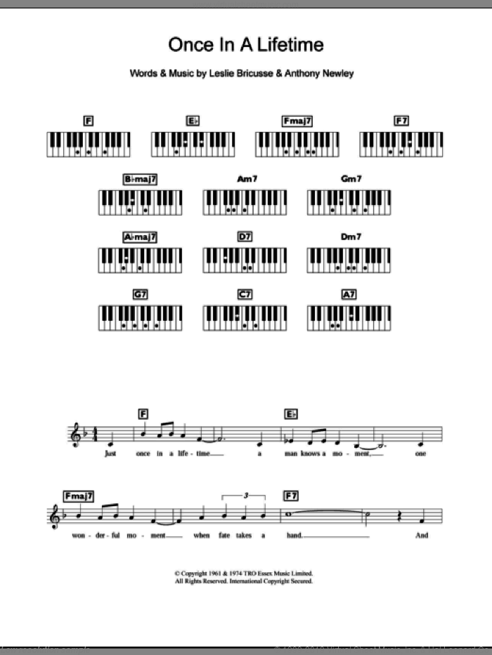 Once In A Lifetime sheet music for piano solo (chords, lyrics, melody) by Leslie Bricusse and Anthony Newley, intermediate piano (chords, lyrics, melody)