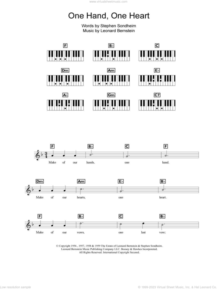 One Hand, One Heart sheet music for piano solo (chords, lyrics, melody) by Leonard Bernstein, West Side Story (Musical) and Stephen Sondheim, wedding score, intermediate piano (chords, lyrics, melody)