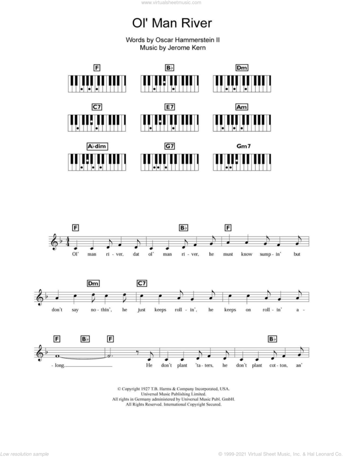 Ol' Man River sheet music for piano solo (chords, lyrics, melody) by Jerome Kern, Show Boat (Musical) and Oscar II Hammerstein, intermediate piano (chords, lyrics, melody)