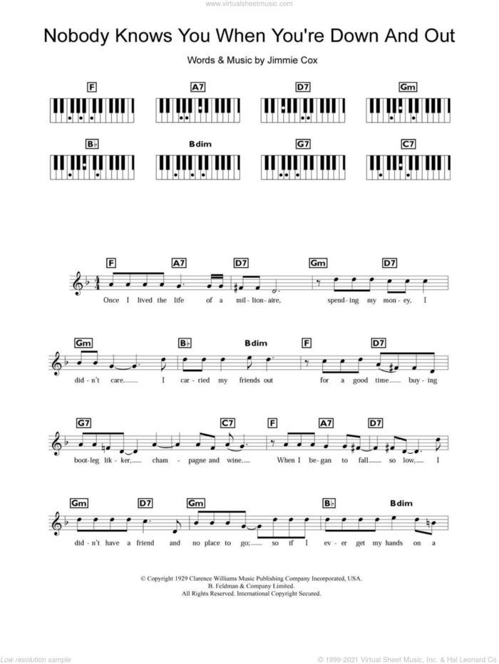 Nobody Knows You When You're Down And Out sheet music for piano solo (chords, lyrics, melody) by Jimmie Cox, intermediate piano (chords, lyrics, melody)