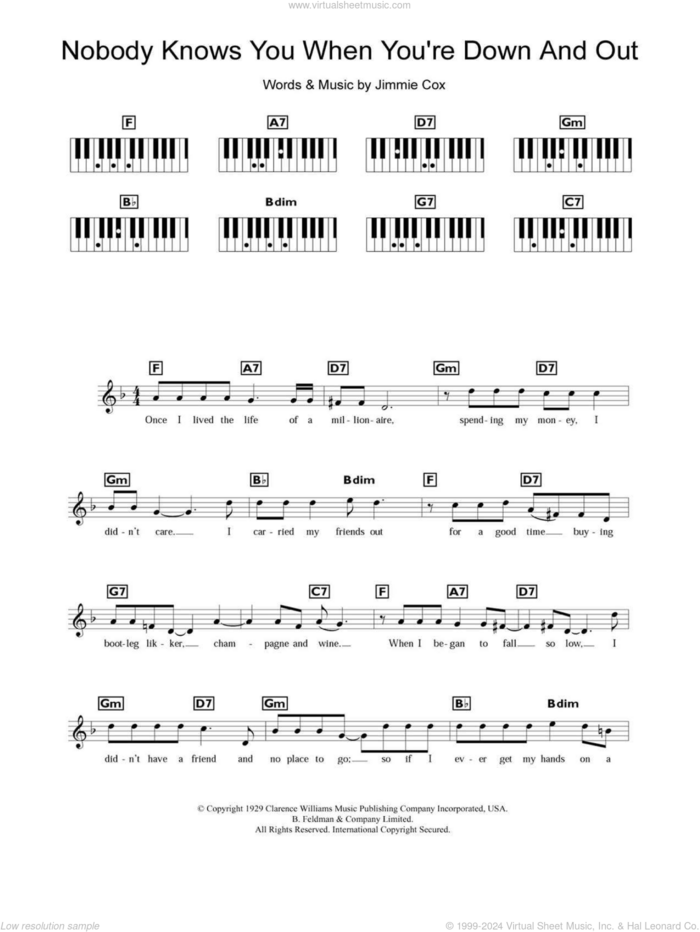 Nobody Knows You When You're Down And Out sheet music for piano solo (chords, lyrics, melody) by Jimmie Cox, intermediate piano (chords, lyrics, melody)