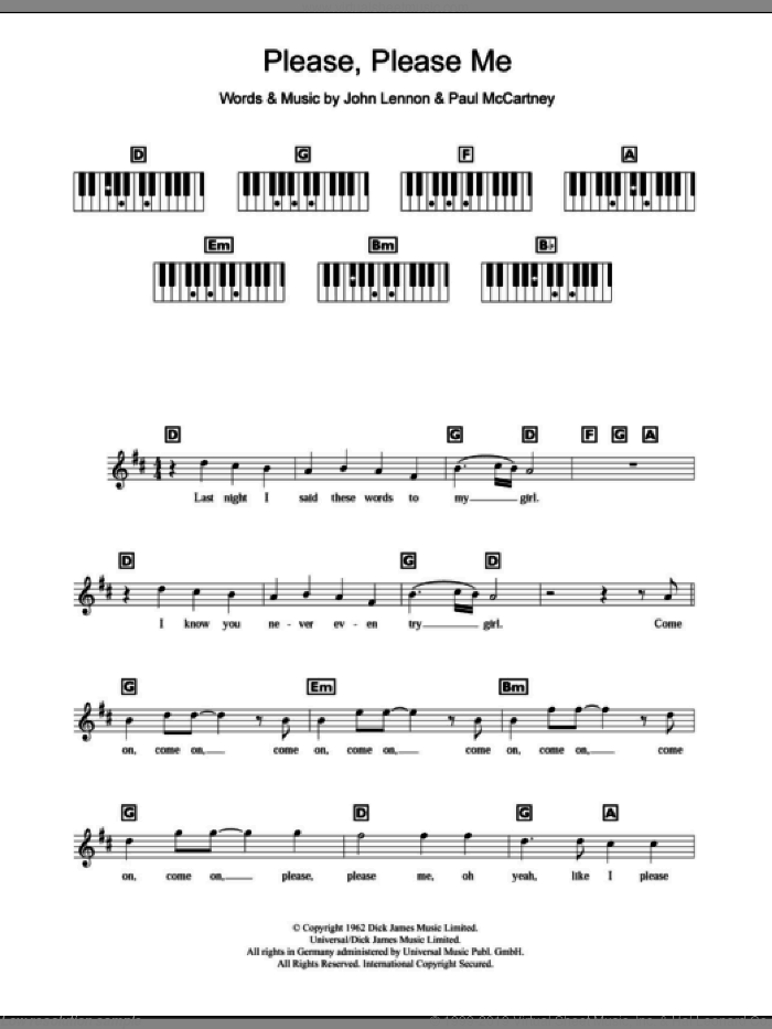 Please Please Me sheet music for piano solo (chords, lyrics, melody) by The Beatles, John Lennon and Paul McCartney, intermediate piano (chords, lyrics, melody)
