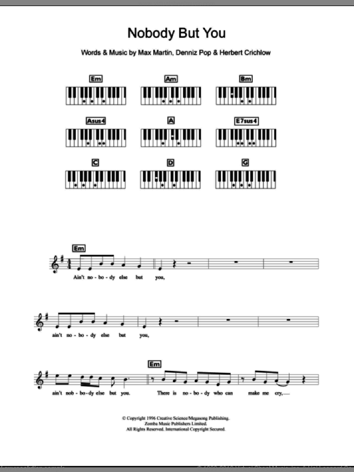 Nobody But You sheet music for piano solo (chords, lyrics, melody) by Backstreet Boys, Denniz Pop, Herbert Crichlow and Max Martin, intermediate piano (chords, lyrics, melody)