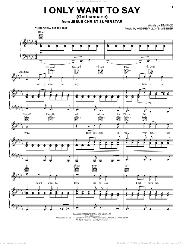 I Only Want To Say (Gethsemane) sheet music for voice, piano or guitar by Andrew Lloyd Webber, Jesus Christ Superstar (Musical) and Tim Rice, intermediate skill level