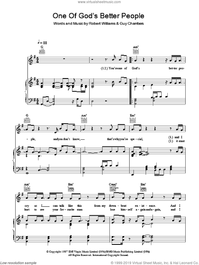 One Of God's Better People sheet music for voice, piano or guitar by Robbie Williams and Guy Chambers, intermediate skill level