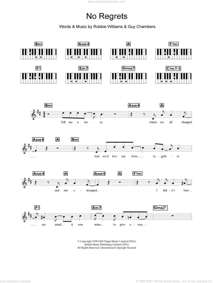 No Regrets sheet music for piano solo (chords, lyrics, melody) by Robbie Williams and Guy Chambers, intermediate piano (chords, lyrics, melody)
