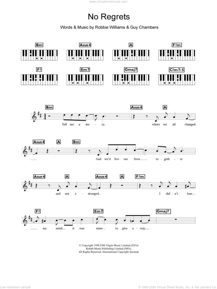 No Regrets sheet music for piano solo (chords, lyrics, melody) by Robbie Williams and Guy Chambers, intermediate piano (chords, lyrics, melody)