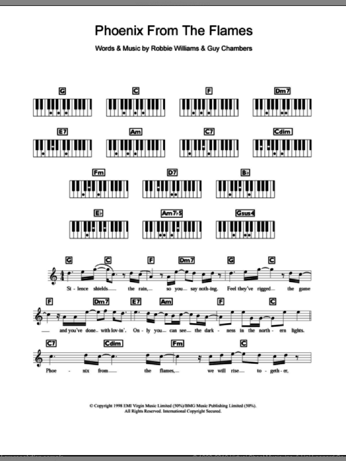 Phoenix From The Flames sheet music for piano solo (chords, lyrics, melody) by Robbie Williams and Guy Chambers, intermediate piano (chords, lyrics, melody)